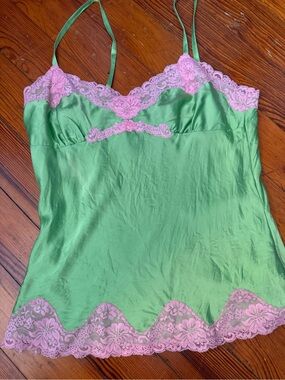 Express Green Satin Camisole with Pink Lace Trim